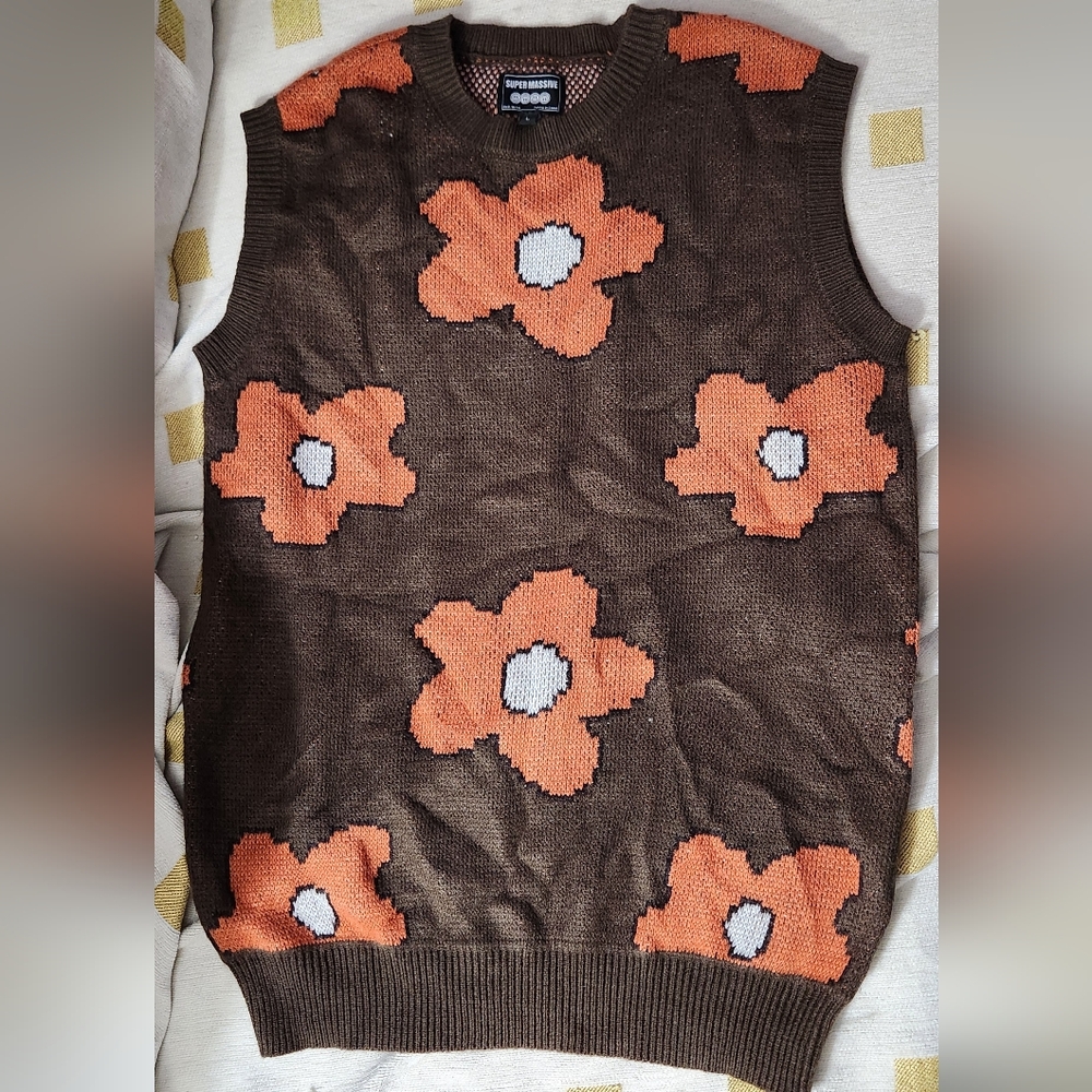 Brown Knit Sweater Vest with Orange Floral Pattern